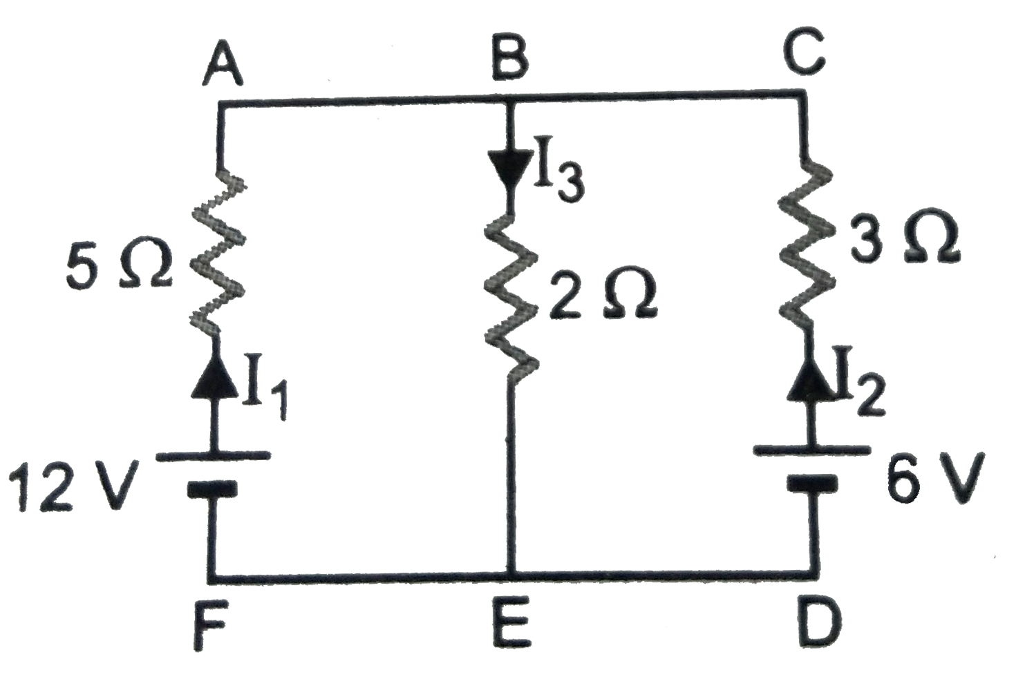 Using Kirchoff's laws in the electrical net work shown in figure, calculate the values of I(1),I(2) and I(3).