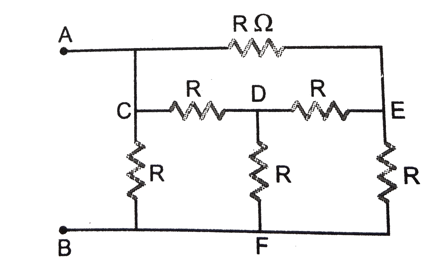 Six equal resistors, each of value R are joined together as shown in figure      Calculate the equivalent resistance across AB. If a supply of emf epsilon is connected across AB, compute the current through the arms DE and AB.