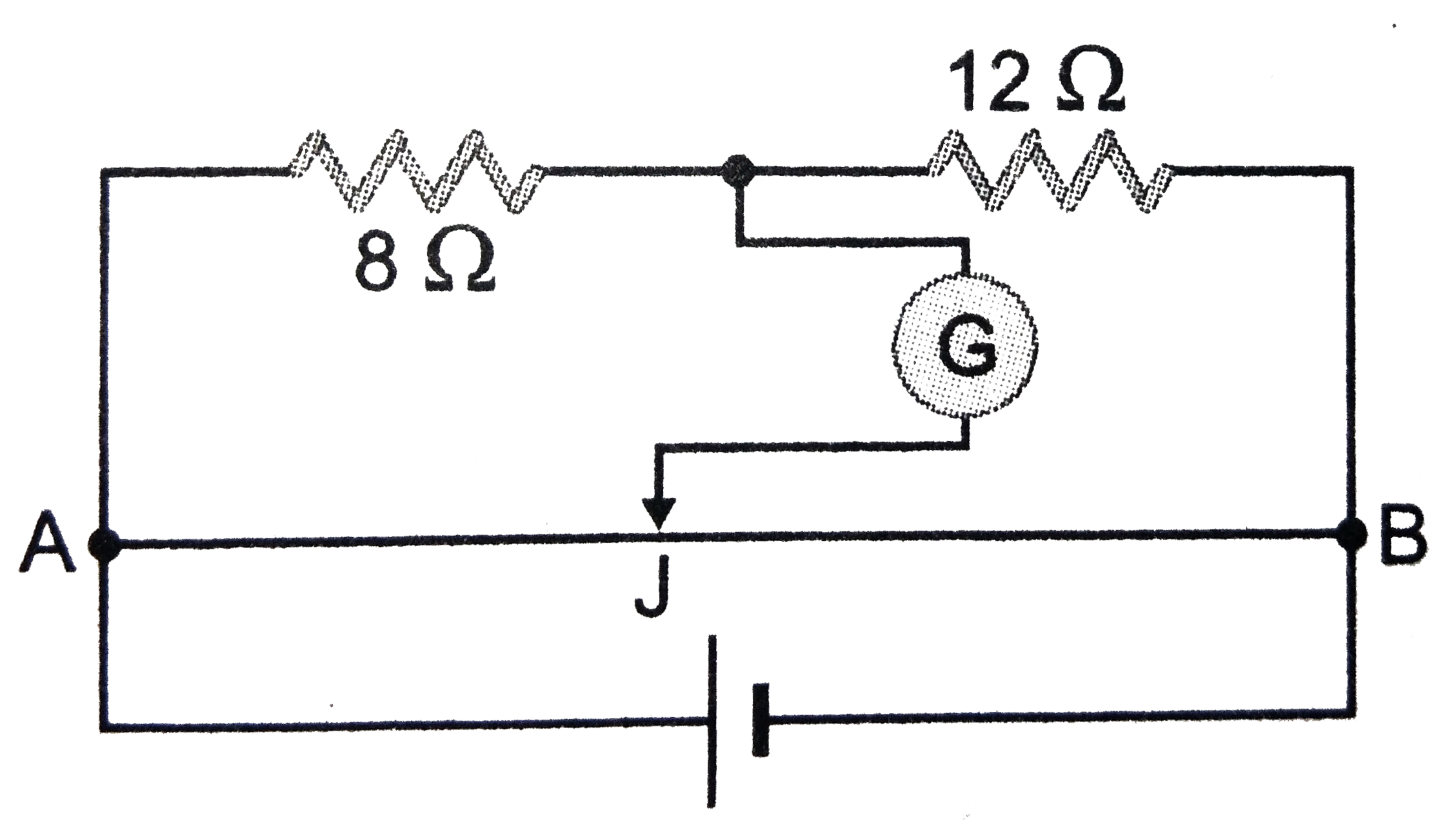 The wire AB of slide wire bridge 68 is 400 cm long. Where should the jockey J whose one end connected to galvanometer,the other end can be connected to AB, so that galvanometer shows no deflection ?