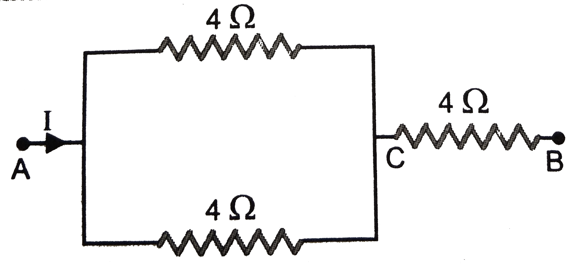 The resistance of each of the three wires joined as shown in figure is 4 Omega and each one can have a maximum power of 20 watt (otherwise it will melt). What maximum power will the whole circuit dissipate ?
