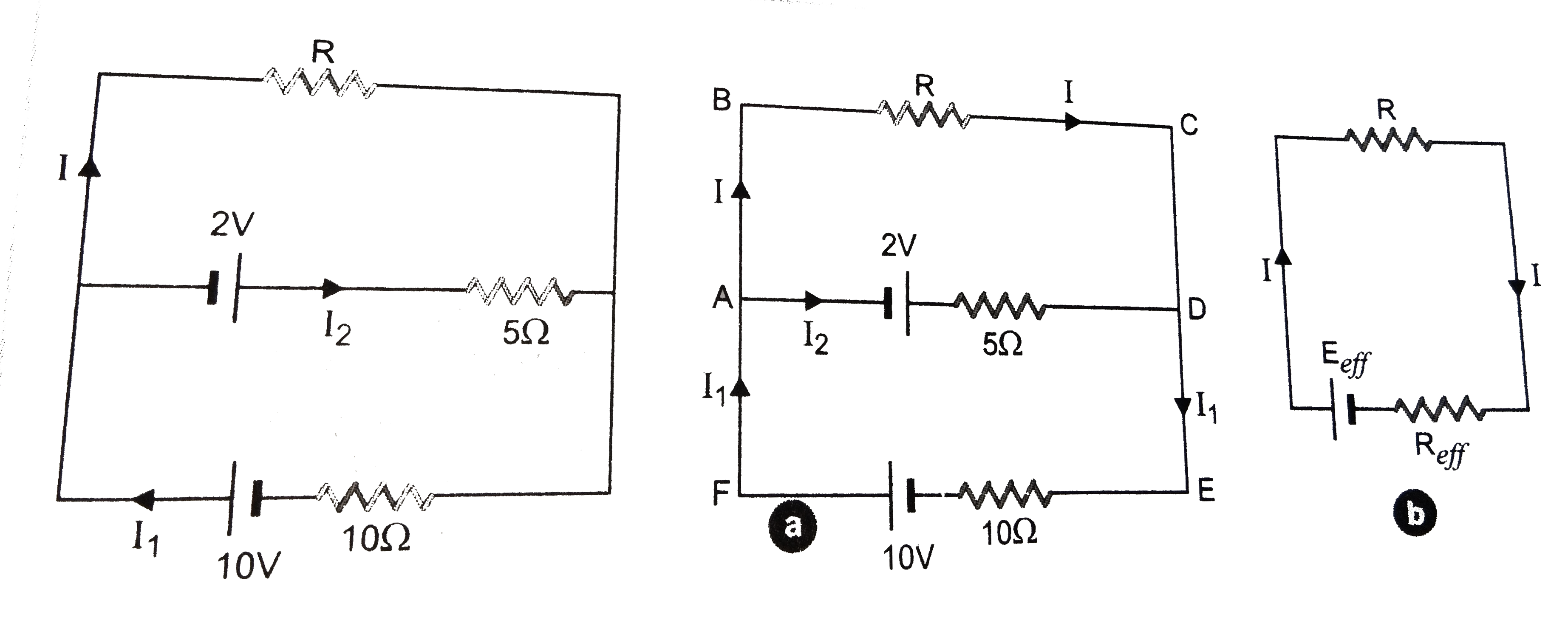 Two cells of voltage 10Vand 2 V and internal resistance 10 Omega and 5Omega respectively , are connected in parallel with the pesition and of 10V battery connected to negative pole of 2V battery Find the effected voltage and effected resistance of the combination