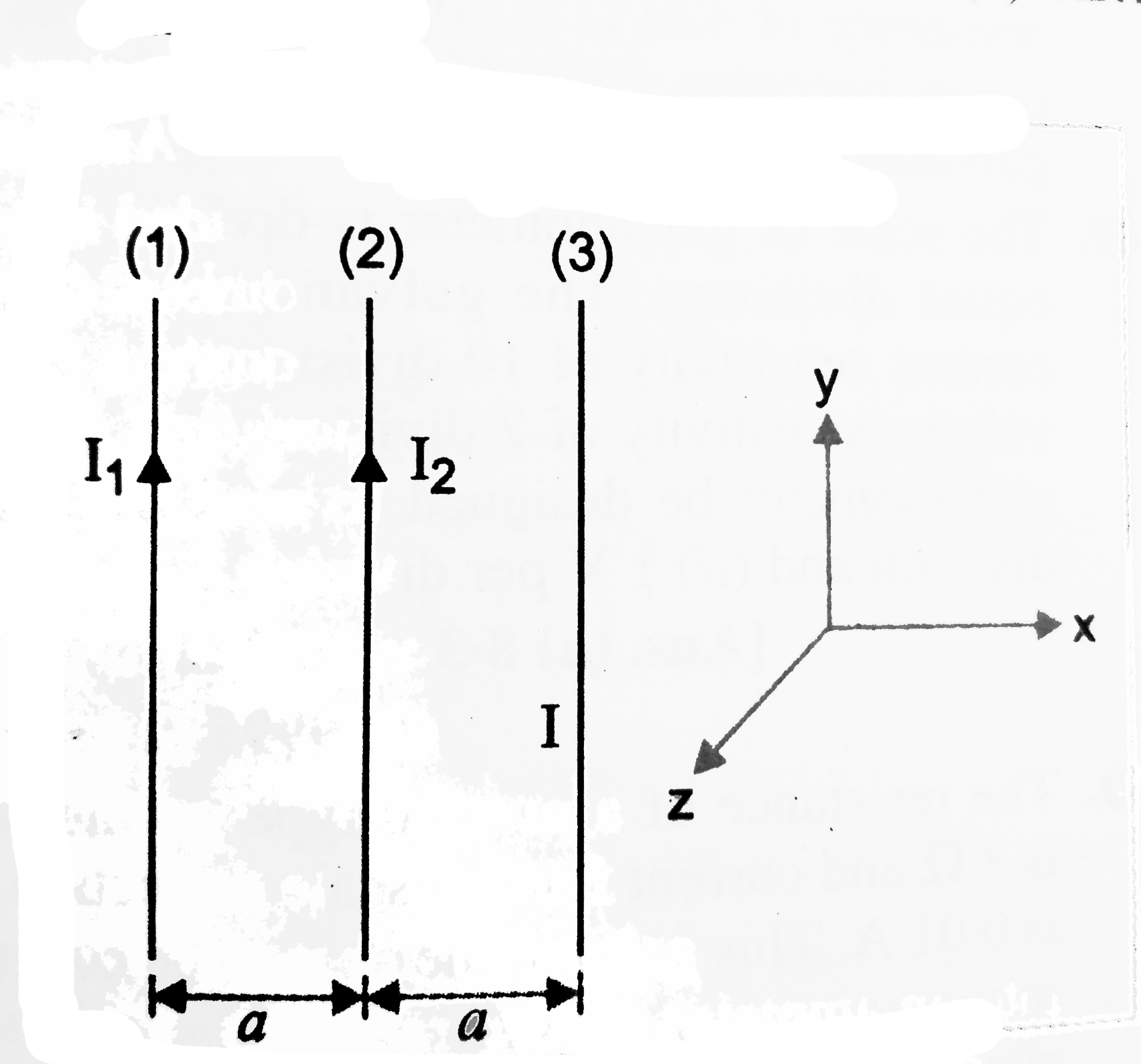 Three long straight parallel wires are kept as shown in figure. The wire (3) carries a current I.      (i) The direction of flow of current I in wire (3), is such that the net force, on wire (1), due to other two wires, is zero (ii) By reversing the direction of I, the net force, on the wire (2) due to the other two wires, becomes zero.   What will be the directions of current I, in the two cases? Also obtain the relation between the magnitudes of current I1, I2 and I.