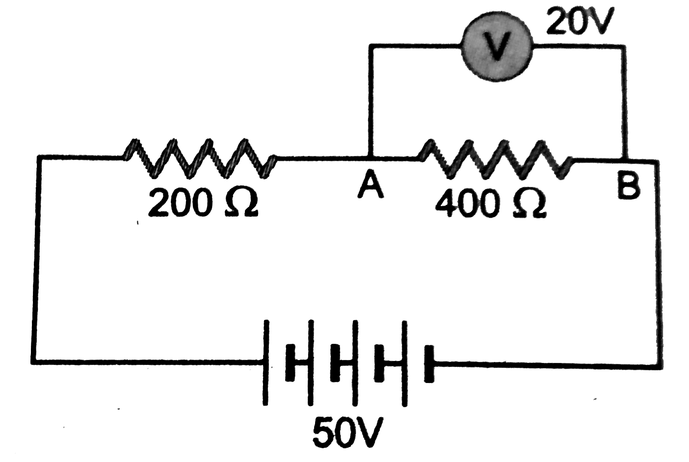 In the circuit given below, a voltmeter reads 20V when it is connected across 400Omega resistance. Calculate what the same voltmeter will read when connected across the 200Omega resistance.