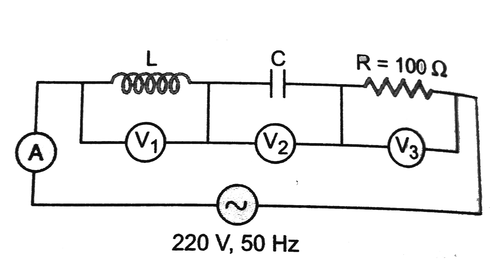 In the given circuit, Fig., the reading of voltmeter V(1) and V(2) 300 votls each. The reading of the voltemeter V(3) and ammeter A are respectively