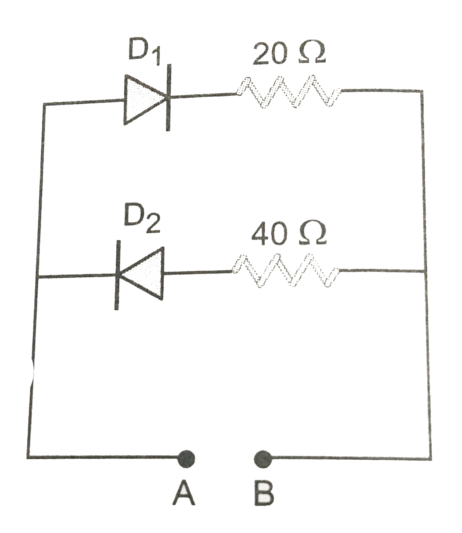 A battery of 1.5 V may be connected across the point A and B as shown in Fig . What is the current drawn from the battery if the positive terminal of the battery is connected to  the point A and  the point B. The junction diodes D(1) and D(2) used are ideal diodes.