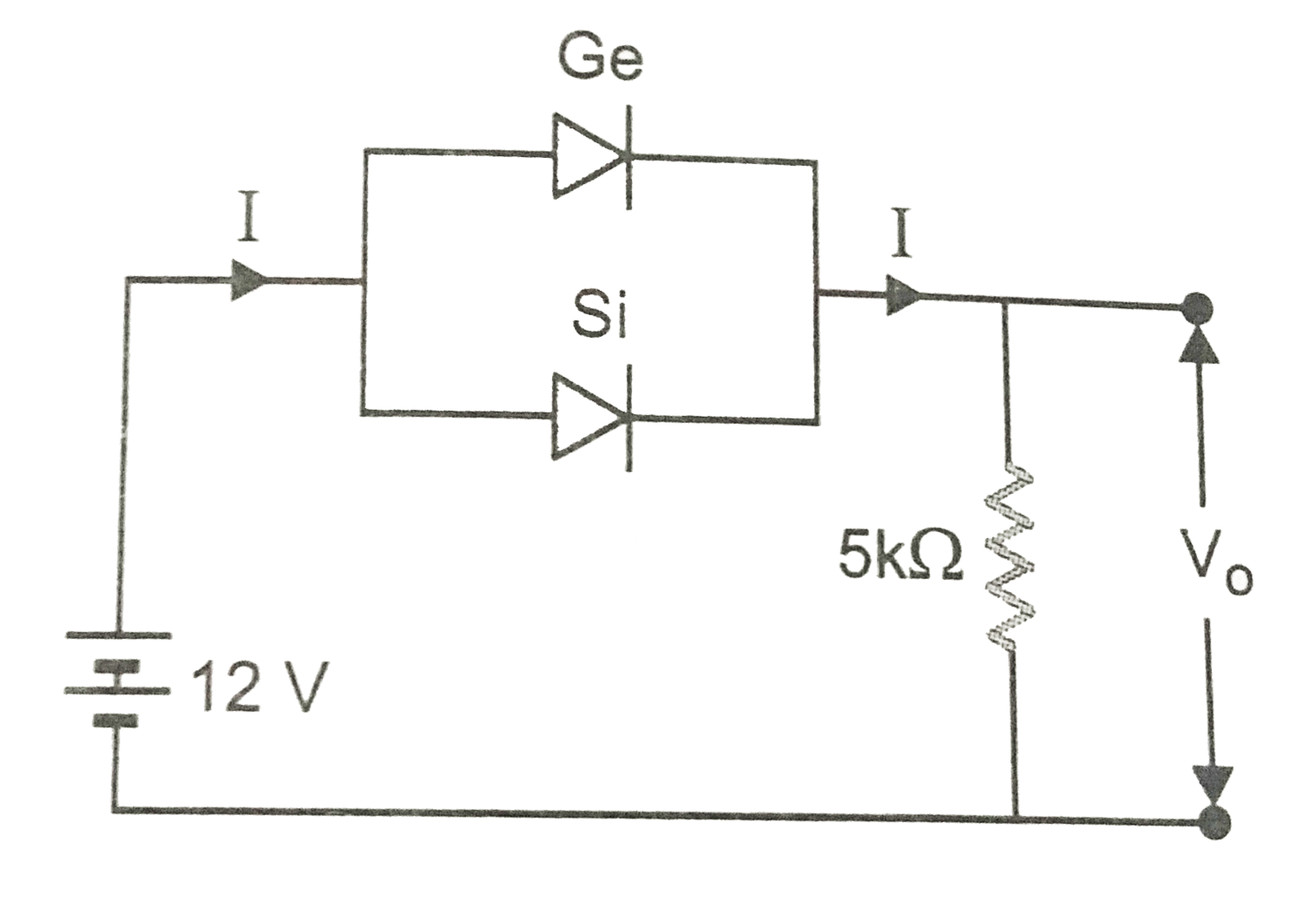 (i) calculate the value of output voltage V(0) and current I if silicon diode and germanium diode conduct at 0.7V and 0.3 V respectively. Fig.       (ii) If now germanium diode is cinnected to 12 V in reverse polarity, find new values of V(0) and I.