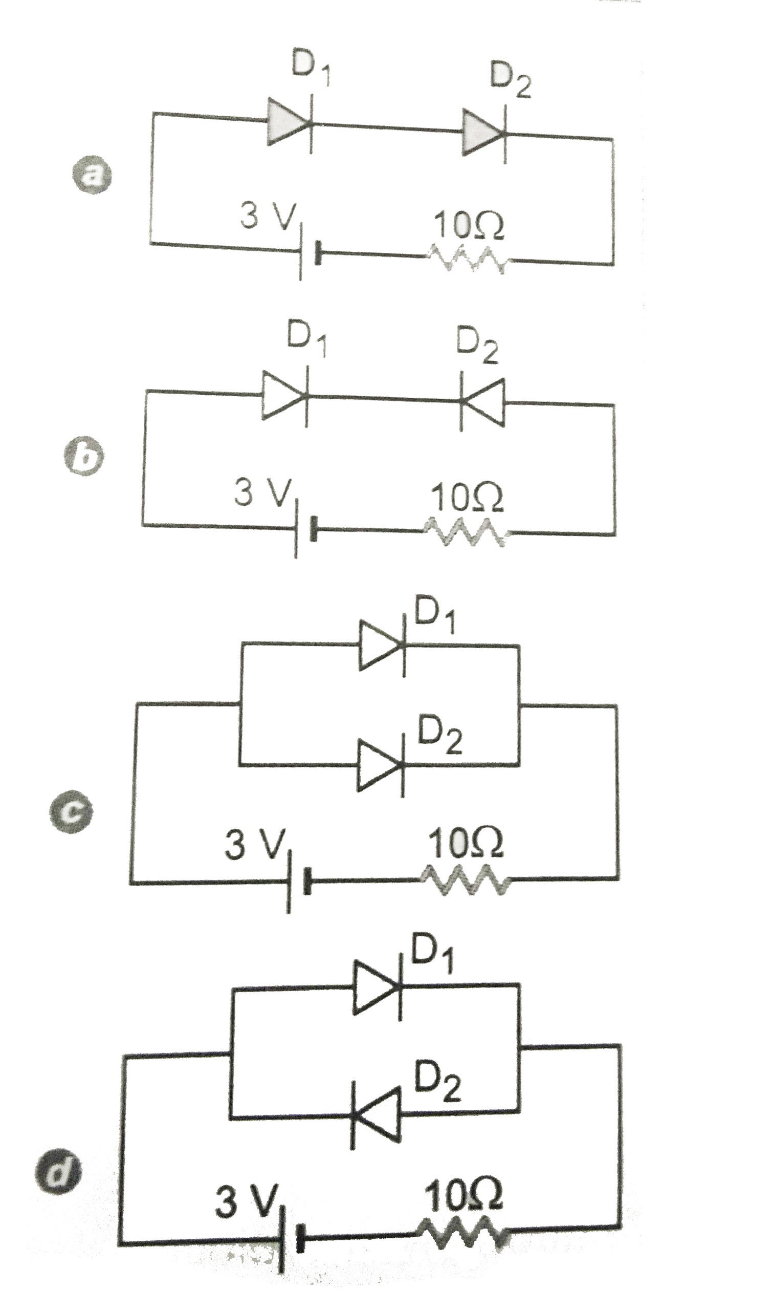 Find the total current in the circuits shown in Fig. , ,  and . Each diode used is ideal