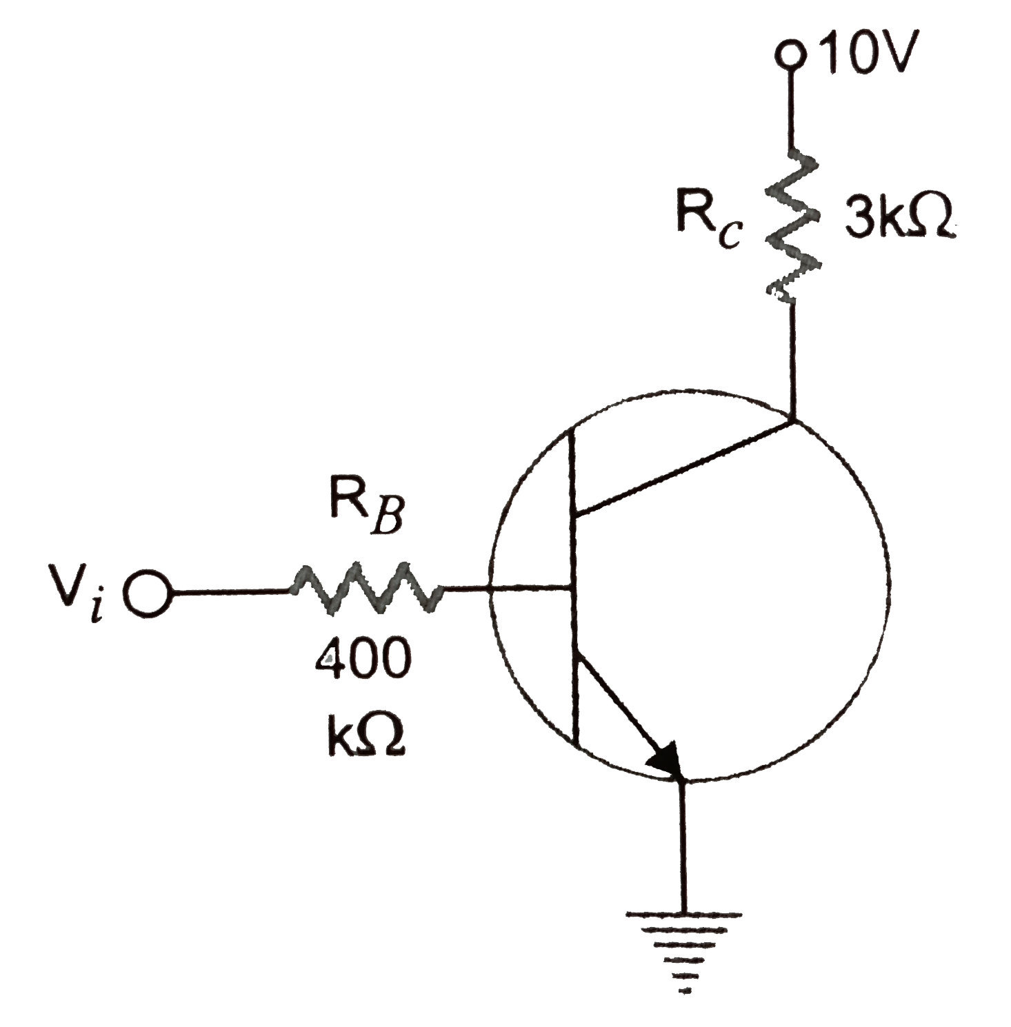 In the circuit shown in Fig. when the input voltage of the base resistance is 10V, V(be) is zero and V(ce) is also zero. Find the values of I, I and beta.