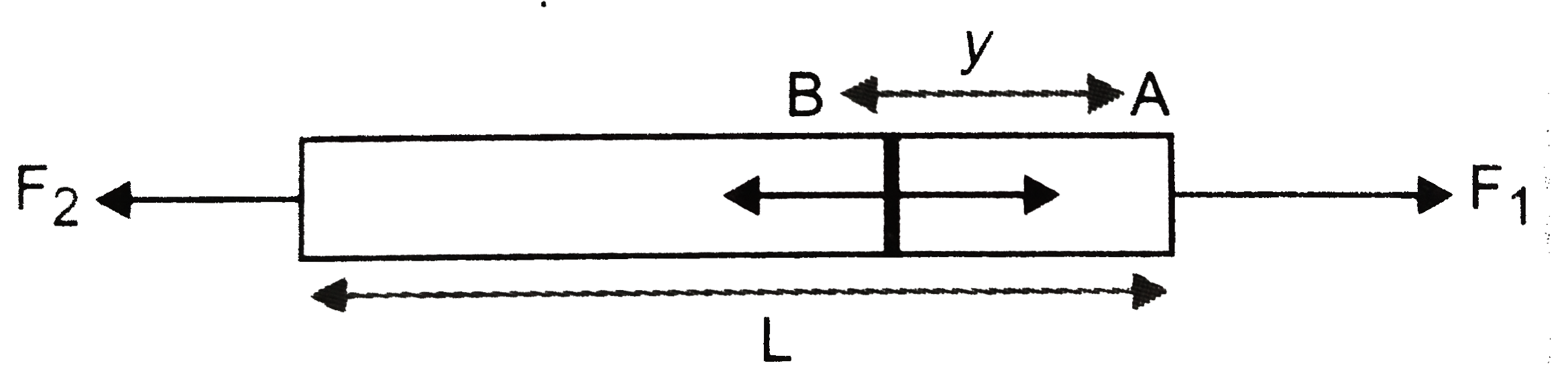 What is the tension in a rod of length length L and mass M at a  distance y fromF(1) when the rod is acted on by two unequal force F(1) and F(2) ( lt F(1)) as shown in.