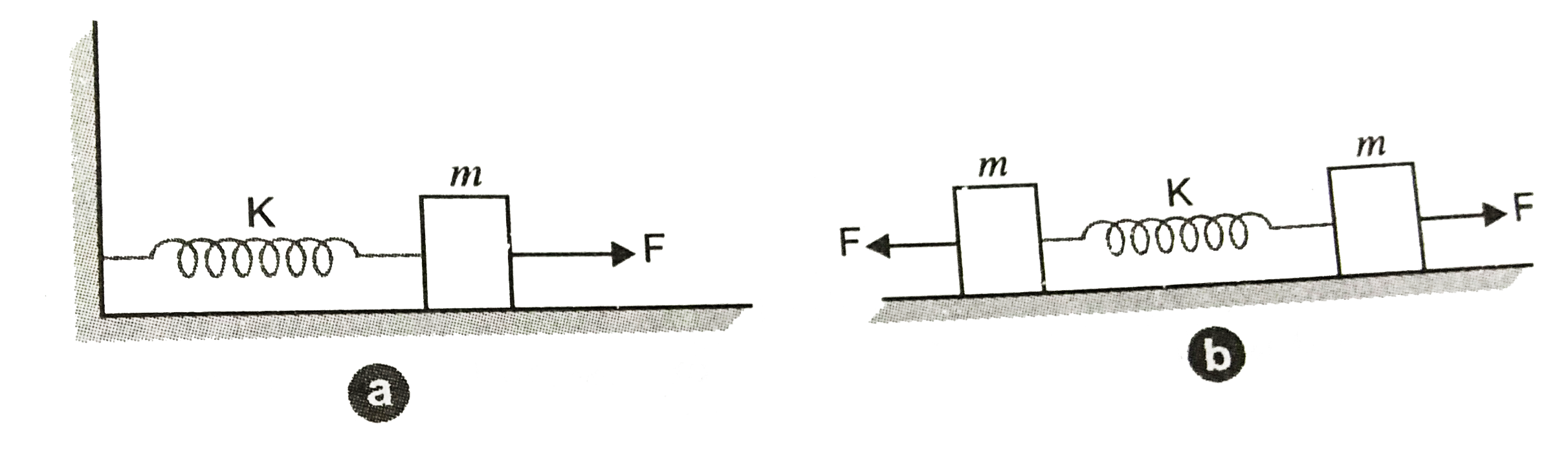 Figure a) shows a spring of force constant k clamped rigidly at once end and a mass m attached to its free end. A force F applied at the free end stretches the spring. Figure b) shows the same spring with both ends free and attached to a mass m at either end. Each end of the spring in figure is stretched by the same force F.   (a) What is the maximum extension of the spring in the two cases ?   (b) If the mass in figure and the two masses in figure are released free, what is the period of oscillation in each case?