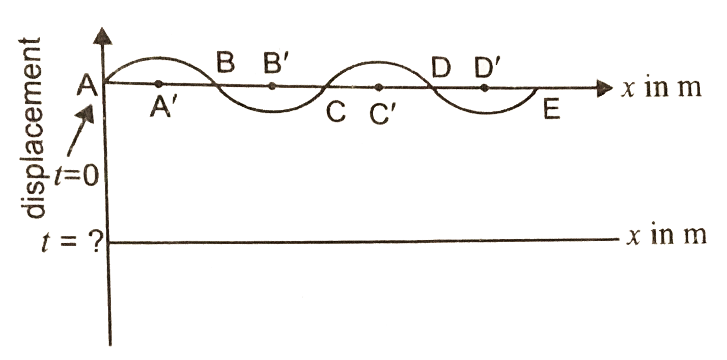 The pattern of standing waves formed on a stretched strinig at two instants of time are shown in figure. The velocity of two waves superimposing to form stationary wave is 360ms^(-1) and their frequencies are 256 Hz.   (a) Calculate the time at which the second curve is plotted. ltbr. (b) Mark nodes and antinodes on the curve.   (c) Calculate the distance between A^(') and C^(').