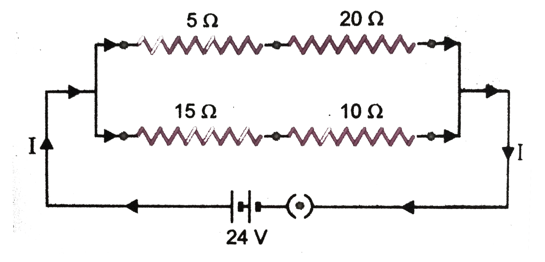 A 24 volt battery is connected to the arrangement of resistances shown in (Fig.) Calculate   (i) the total effective resistance of the circuit,   (ii) the total current flowing in the circuit.   .