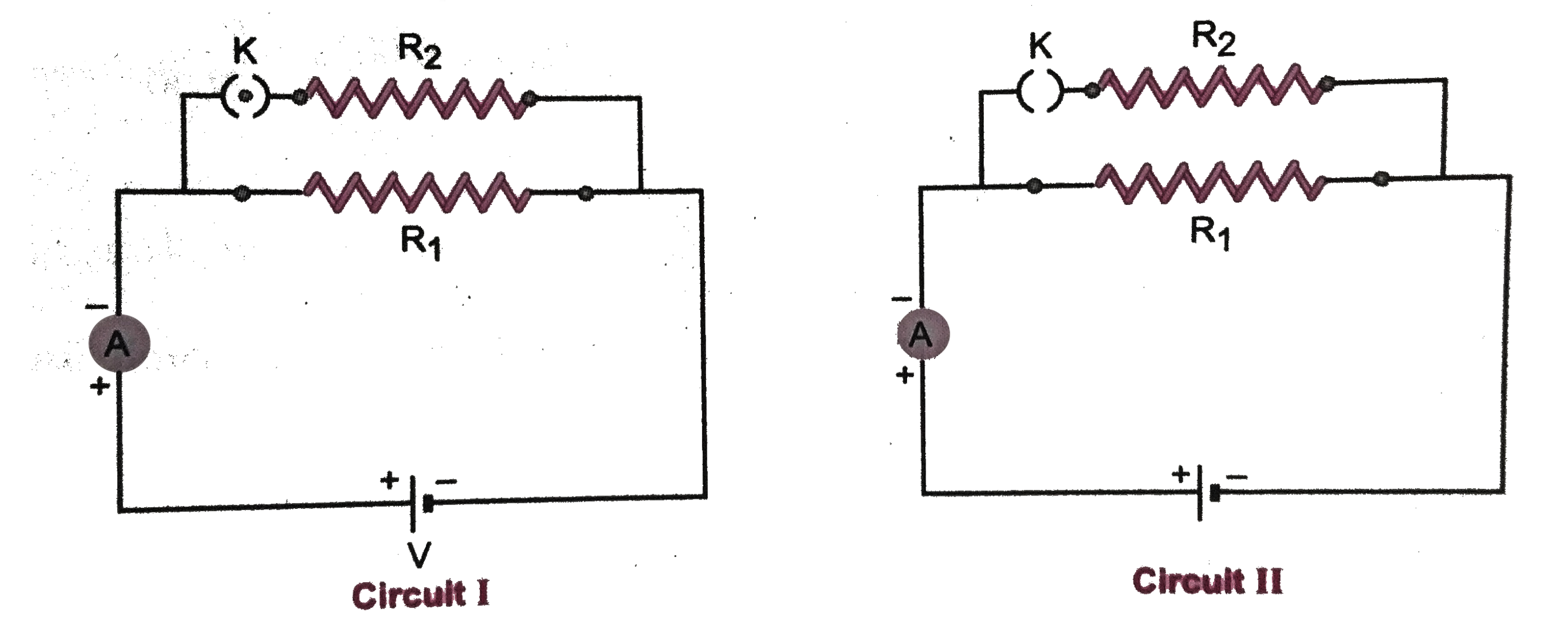 Two electric circuits I and II are shown in (Fig. 3.55). In circuit I, the key K is closed whereas in circuit II, the key is open. Compare the currents I and circuit II.   .