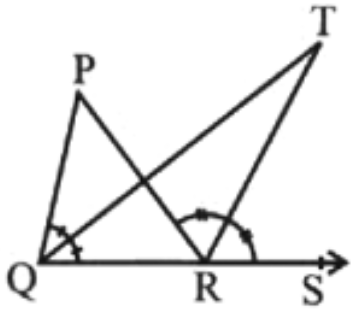 In Fig. 6.44, the side QR of triangle PQR is produced to a point S. If the bisectors of angle PQR and angle PRS meet at point T, then prove that angle QTR =1/2 angle QPR.