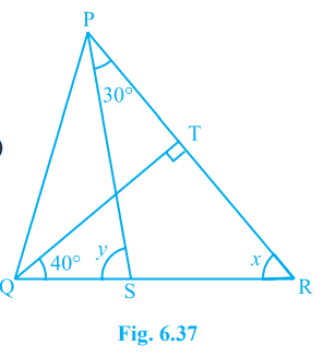 In Fig. 6.37, if QT bot PR, angle TQR = 40^@ and angle SPR = 30^@, find x and y.