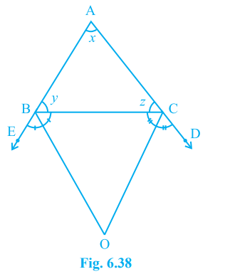 In Fig. 6.38, the sides AB and AC of Delta ABC are produced to points E and D respectively. If bisectors BO and CO of angle CBE and angle BCD respectively meet at point O, then prove that angle BOC = 90^@ -1/2 angle BAC.