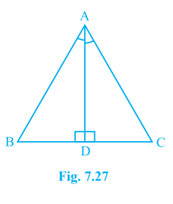 In Delta ABC, the bisector AD of angle A is perpendicular to side BC (see Fig. 7.27). Show that AB = AC and Delta ABC is isosceles.