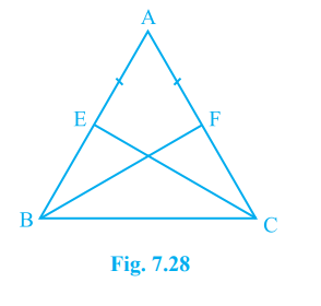 E and F are respectively the mid-points of equal sides AB and AC of Delta ABC (see Fig. 7.28). Show that BF = CE.