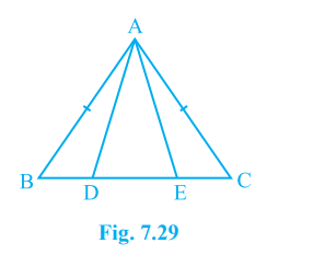 In an isosceles triangle ABC with AB = AC, D and E are points on BC such that BE = CD (see Fig. 7.29). Show that AD = AE.