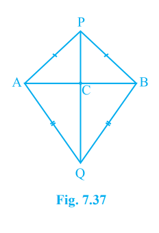 AB is a line-segment. P and Q are points on opposite sides of AB such that each of them is equidistant from the points A and B (see Fig. 7.37). Show that the line PQ is the perpendicular bisector of AB.