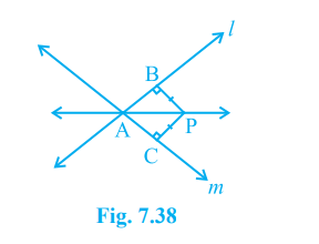 P is a point equidistant from two lines l and m intersecting at point A (see Fig. 7.38). Show that the line AP bisects the angle between them.