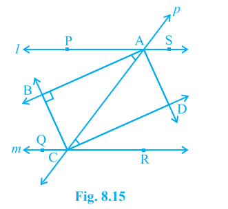 Two parallel lines l and m are intersected by a transversal p (see Fig. 8.15). Show that the quadrilateral formed by the bisectors of interior angles is a rectangle.