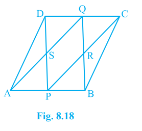 ABCD is a parallelogram in which P and Q are mid-points of opposite sides AB and CD (see Fig. 8.18). If AQ intersects DP at S and BQ intersects CP at R, show that: APCQ is a parallelogram.