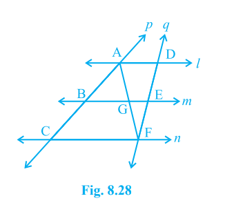 l, m and n are three parallel lines intersected by transversals p and q such that l, m and n cut off equal intercepts AB and BC on p (see Fig. 8.28). Show that l, m and n cut off equal intercepts DE and EF on q also.