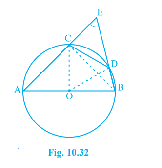 In Fig. 10.32, AB is a diameter of the circle, CD is a chord equal to the radius of the circle. AC and BD when extended intersect at a point E. Prove that angle AEB = 60^@.