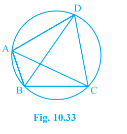 In Fig 10.33, ABCD is a cyclic quadrilateral in which AC and BD are its diagonals. If angle DBC = 55^@ and angle BAC = 45^@, find angle BCD.