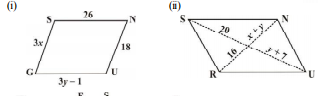 The following figures GUNS and RUNS are  parallelograms. Find x and y. (Lengths are in cm)