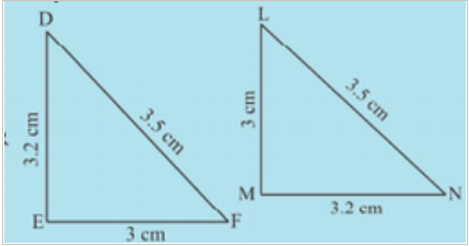 In Fig, lengths of the sides of the triangles are indicated. By applying the SSS congruence rule, state which pairs of triangles are congruent. In case of congruent triangles, write the result in symbolic form: