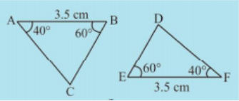 In Fig, measures of some parts are indicated. By applying ASA congruence rule, state which paris of triangles are congruent. In case of congruence write the result in symoblic form.