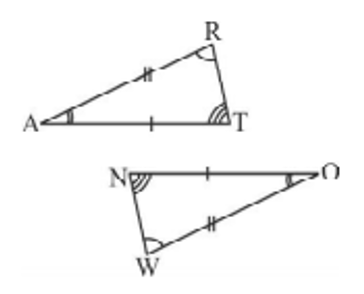 In the figure, the two triangles are congruent. The corresponding parts are marked. We can write triangleRAT ~=?