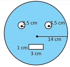 From a circular card sheet of radius 14 cm, two circles of radius 3.5 cm and a
rectangle of length 3 cm and breadth 1cm are removed. (as shown in the adjoining
figure). Find the area of the remaining sheet.  (Take pi  =
22/7 )