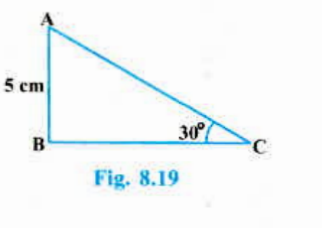 In Delta ABC, right-angled at B. AB = 5 cm and angle ACB =30^@ (see Fig. 8.19). Determine the lengths of the sides BC and AC.