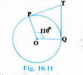 In the following choose the correct option and give justification. In Fig. 10.11 , if TP and TQ are the two tangents to a circle with centre O so that angle POQ= 110^@, then angle PTQ is equal to