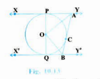In Fig, 10.13, XY and X'Y' are two parallel tangents to a circle with centre O and another tangent AR with point of contact C intersecting XY at A and X'Y' at B. Prove that angle AOB=90^@.