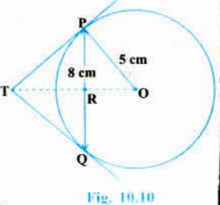 PQ is a chord of length 8 cm of a circle of radius 5 cm. The tangents at P and Q intersect at a point T (see Fig. 10.10). Find the length TP.