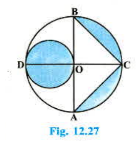 In Fig. 12.27, AB and CD are two diameters of a circle (with centre O) perpendicular to each other and OD is the diameter of the smaller circle. If OA = 7 cm, find the area of the shaded region.
