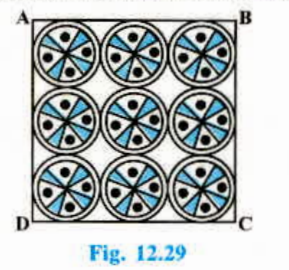 On a square handkerchief, nine circular designs each of radius 7 cm are made (see Fig. 12.29). Find the area of the remaining portion of the handkerchief.