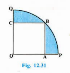 In Fig. 12.31, a square OABC is inscribed in a quadrant OPBQ. If OA = 20cm, find the area of the shaded region.(Use pi=3.14)