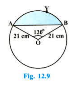 Find the area of ihe segment AYB shown in Fig. 12.9 if radius of the circle is 21 cm and angle AOB=120^@.(Use pi=22/7)