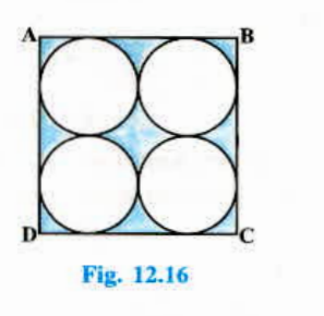 Find the area of the shaded region in Fig. 12.16. where ABCD is a square of side 14 cm.