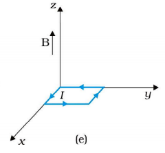A uniform magnetic field of 3000 G is established along the positive z-direction. A rectangular loop of sides 10 cm and 5 cm carries a current of 12 A. What is the torque on the loop shown in fig.? What is the force ? is case corresponds to stable equilibrium? :