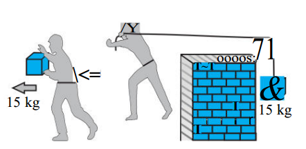 Answer the following :- In Fig. 6.13(i) the man walks 2 m carrying a mass of 15 kg on his hands. In Fig. 6.13(ii), he walks the same distance pulling the rope behind him. The rope goes over a pulley, and a mass of 15 kg hangs at its other end. In which case is the work done greater ?