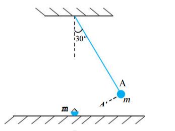 The bob A of a pendulum released from 30^@ to the vertical hits another bob B of the same mass at rest on a table as shown in Fig. 6.15. How high does the bob A rise after the collision ? Neglect the size of the bobs and assume the collision to be elastic.