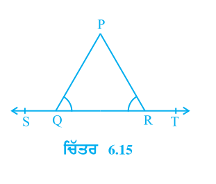 ਚਿੱਤਰ 6.15 ਵਿਚ ਜੇ  angle PQR = angle PRQ ਹੈ, ਤਾਂ ਸਿੱਧ ਕਰੋ ਕਿ angle PQS = angle PRT ਹੈ।