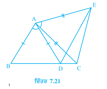 ਚਿੱਤਰ 7.21 ਵਿਚ AC = AE, AB = AD, ਅਤੇ angle BAD = angle EAC ਹੈ। ਸਿੱਧ ਕਰੋ BC =DE