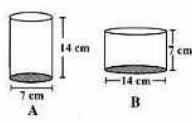 ਵੇਲਣ A ਦਾ ਵਿਆਸ 7cm ਅਤੇ ਉਚਾਈ  14 cm ਹੈ। ਵੇਲਣ B ਦਾ ਵਿਆਸ  14cm ਅਤੇ ਉਚਾਈ 7cm ਹੈ। ਗਣਨਾ ਕੀਤੇ ਬਿਨ੍ਹਾਂ ਕੀ ਤੁਸੀਂ ਦੱਸ ਸਕਦੇ ਹੋ ਕਿ ਇਹਨਾਂ ਦੋਨਾਂ ਵਿੱਚ ਕਿਸਦਾ ਆਇਤਨ ਜ਼ਿਆਦਾ ਹੈ ? ਦੋਨਾਂ ਵੇਲਣਾਂ ਦਾ ਆਇਤਨ ਪਤਾ ਕਰਦੇ ਹੋਏ ਇਸਦੀ ਪੜਤਾਲ ਕਰੋ। ਜਾਂਚ ਕਰੋ ਕਿ ਕੀ ਜਿਆਦਾ ਆਇਤਨ ਵਾਲੇ ਵੇਲਣ ਦੀ ਸਤ੍ਹਾਂ ਦਾ ਖੇਤਰਫਲ ਵੀ ਜ਼ਿਆਦਾ ਹੈ ?